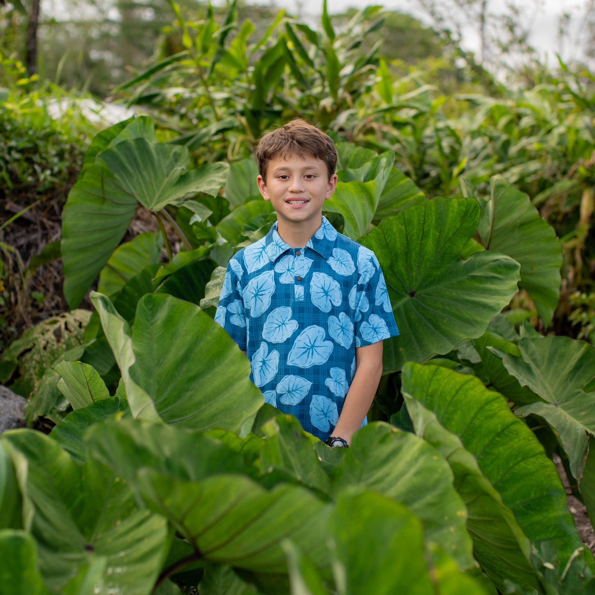 Blue Palaka Kalo Bamboo Kalei Athletic Polo