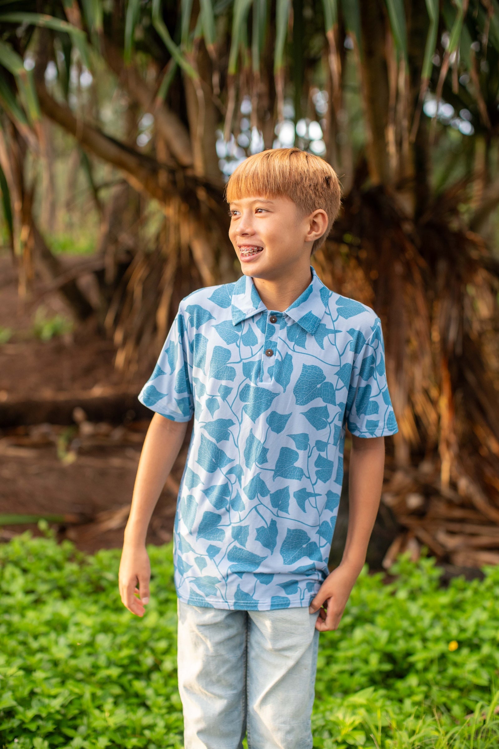 Blue Peʻahi Fern Bamboo Kalei Athletic Polo