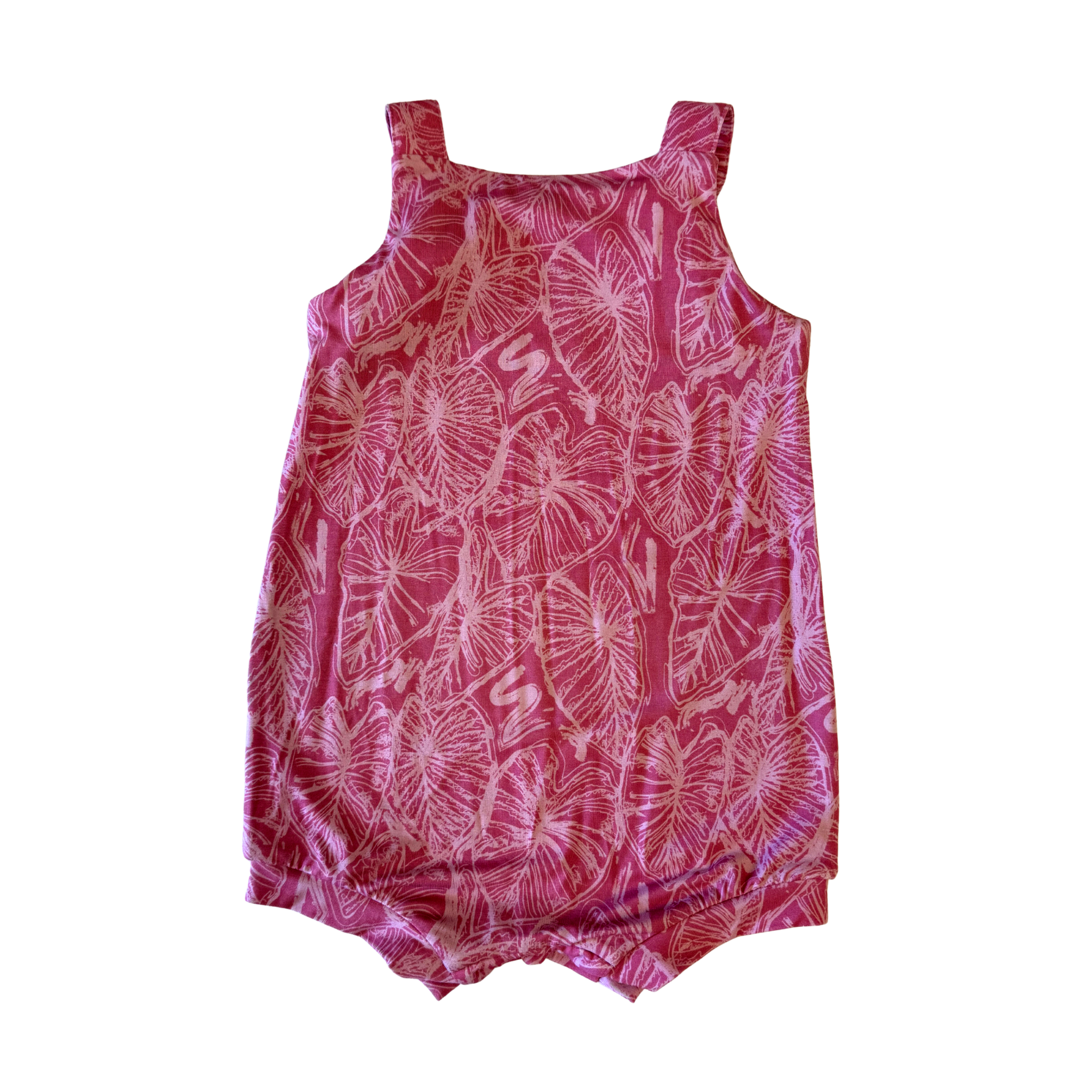 Pink kalo leaf baby overall on a white background